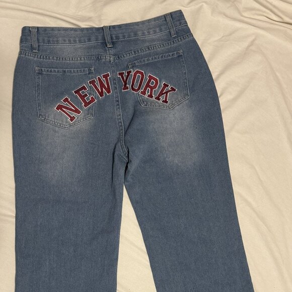 NEW YORK Woman's Jeans 90's Vintage Embroidery Baggy Denim Y2K High Waist Korean - Picture 4 of 9